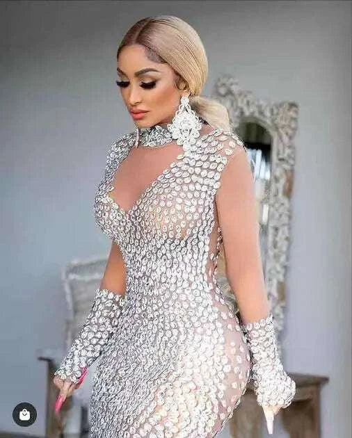 Devine Lux Custom Made Sparkly Crystals Long Sleeve Mesh Bodycon Mini Dress