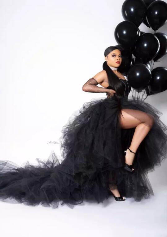 Devine Lux Sexy Black High Split Women Tulle Maxi Skirts To Birthday Party Puffy Long Tulle Skirts With Train Elatsic Aso Ebi Tulle Skirt Yast Lady Skirt