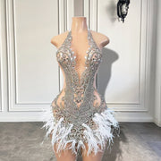 Devine Lux Gorgeous Halter Sleeveless Luxury Beaded Silver Crystals White Feather Cocktail Dress RSVPPAP Official Store