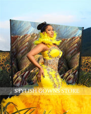 Devine Lux Luxury Yellow Sweetheart Evening Gowns Feathers Neck Birthday Party Gown Beaded Crystal Formal Dress Ruffles Robe De Bal Aso Ebi - Evening Dresses STYLISH GOWNS Store