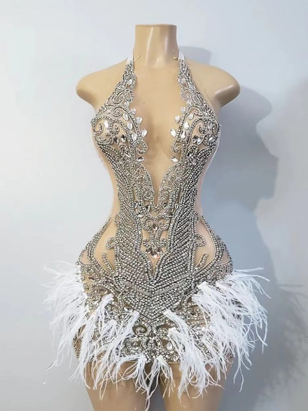 Devine Lux Gorgeous Halter Sleeveless Luxury Beaded Silver Crystals White Feather Cocktail Dress RSVPPAP Official Store