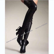 Devine Lux Black Back Bow Knot Boots Side Zipper Solid Thigh High Stiletttos High Heel Pointed Toe Runway Shoes Abesire Abesire Shoes House Store