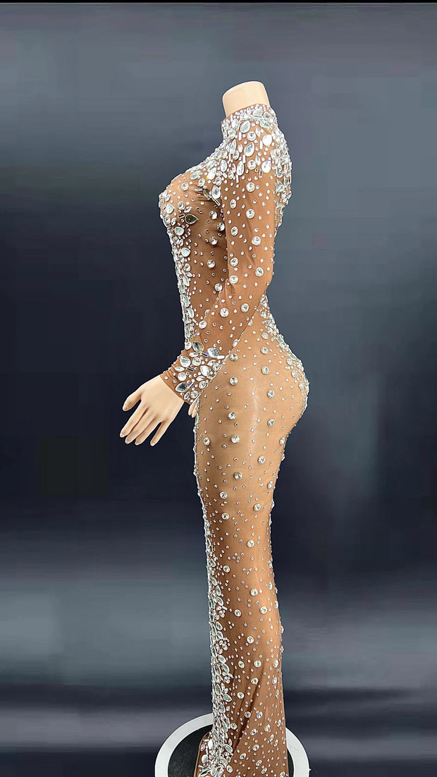 Devine Lux ZD Big Rhinestones Nude Transparent length Dress Wedding Party Prom Birthday Celebration Crystals Stage Singer Host Mesh Dress ZD COSTUME COMPANY Store