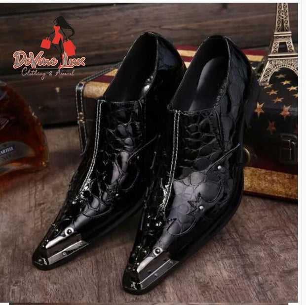 DeVine Lux Black Patent Leather Men's Pointed Toe Dress Shoes Metal Tip Studded Classic Slip On Shop4993264 Store