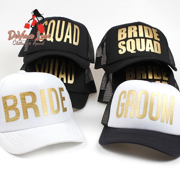 Devine Lux BRIDE SQUAD GROOM Golden Print Bachelorette Mesh Hats Women Wedding Caps Qingdao hat factory Store