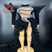 Devine Lux Custom Made Black Color Ladies Velet Fashion Long Sleeve Feathers Tail Long Dress Viizrel Performance Costumes Store
