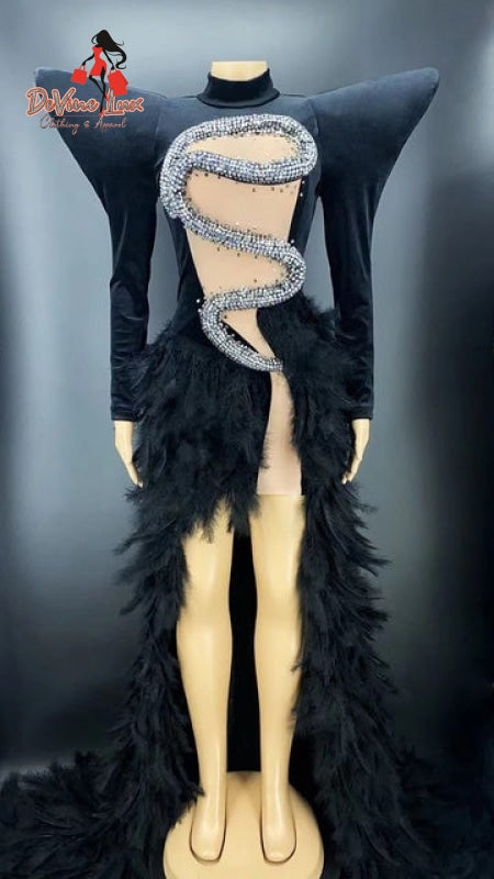 Devine Lux Custom Made Black Color Ladies Velet Fashion Long Sleeve Feathers Tail Long Dress Viizrel Performance Costumes Store