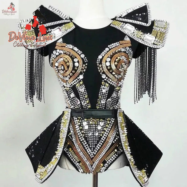 Devine Lux Custom Made Black & red Rhinestones Bodysuit Dance Costume Bar illusion Store