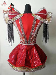 Devine Lux Custom Made Black & red Rhinestones Bodysuit Dance Costume Bar illusion Store