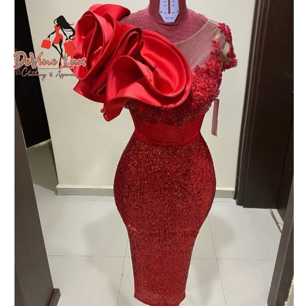 Devine Lux Custom Made Bling Red Sequins Mermaid Prom Dresses Scoop Short Sleeves Flowers Sweety_Wedding Store