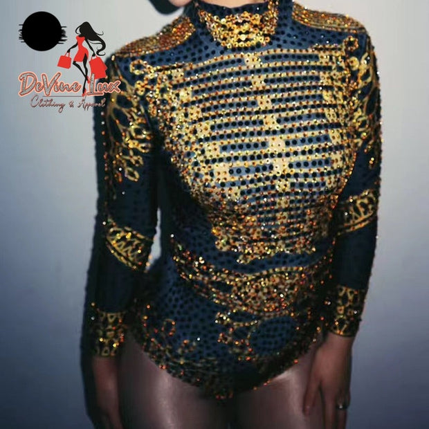 Devine Lux Custom Made Bodysuit Women Sexy Black Gold Rhinestone Paint Long Sleeve AliExpress