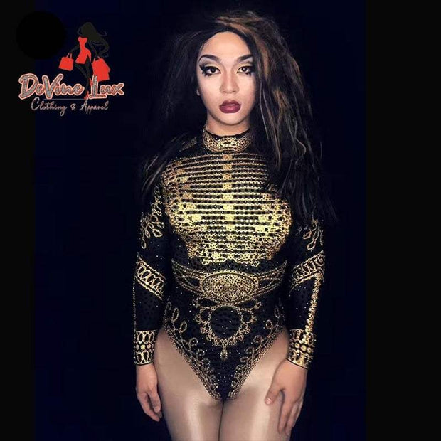 Devine Lux Custom Made Bodysuit Women Sexy Black Gold Rhinestone PaintIndulge in the allure of Devine Lux's Custom Made Bodysuit, where elegance meets extravagance. This exquisite piece is a symphony of black fabric adorned with shimmeHomeDeVine Lux Clothing & ApparelDevine Lux Custom Made Bodysuit Women Sexy Black Gold Rhinestone Paint Long Sleeve