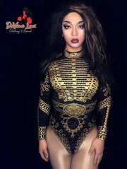 Devine Lux Custom Made Bodysuit Women Sexy Black Gold Rhinestone PaintIndulge in the allure of Devine Lux's Custom Made Bodysuit, where elegance meets extravagance. This exquisite piece is a symphony of black fabric adorned with shimmeHomeDeVine Lux Clothing & ApparelDevine Lux Custom Made Bodysuit Women Sexy Black Gold Rhinestone Paint Long Sleeve