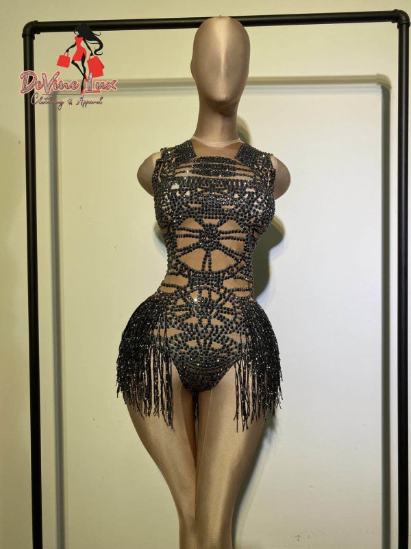 Devine Lux Custom Made Fashion Tight Fitting Crystal Tassel Nude Dancer Bodysuit Women Sleeveless Elastic Rhinestone Leotard every123 Store