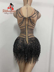 Devine Lux Custom Made Fashion Tight Fitting Crystal Tassel Nude Dancer Bodysuit Women Sleeveless Elastic Rhinestone Leotard every123 Store