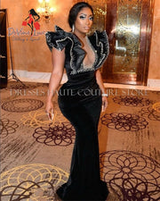 Devine Lux Custom Made Long Black Velvet Prom Dress Beaded Ruffle Sleeves Mermaid Dress AliExpress