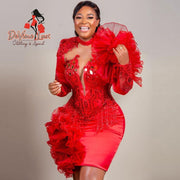 Devine Lux Custom Made Red Cocktail Dress Plus Size High Neck Tassels Sequins Ruffles Sweety_Wedding Store
