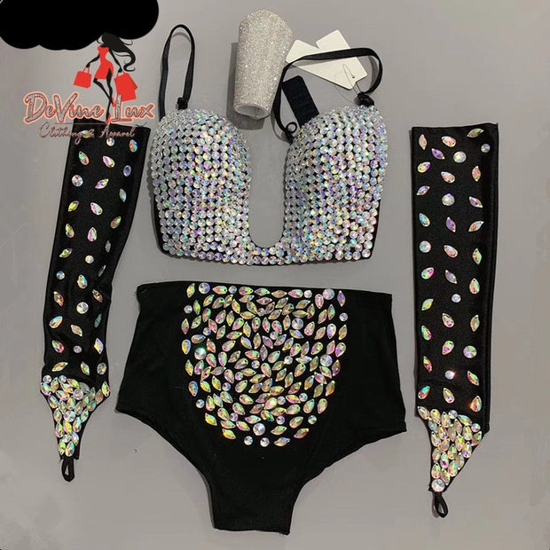 Devine Lux Custom Made Sparkly Rhinestones Bra Shorts Women Set Stage Wear (Headdress+Necklace+Gloves+Bikini) Dance Outfit TopHot Store