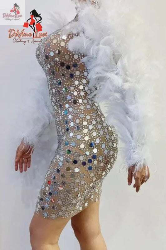 Devine Lux Custom Made Sparkly Silver Stones Sequins Transparent Feather Sleeves Dress Joyce Performance Costumes Store
