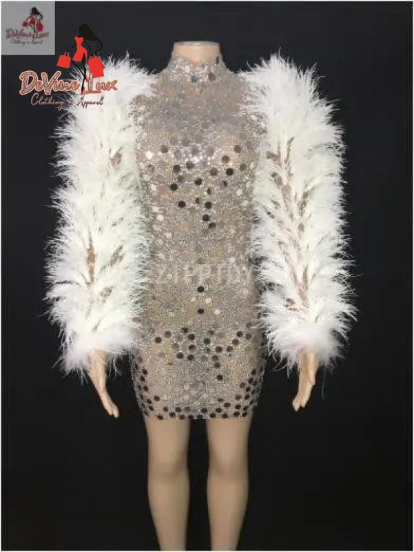 Devine Lux Custom Made Sparkly Silver Stones Sequins Transparent Feather Sleeves Dress Joyce Performance Costumes Store