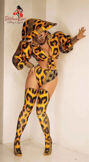 Devine Lux Fashion Leopard print Puff Sleeve Top Short Hat 3 Pieces Bodysuit Costume Sexylady Performance Store