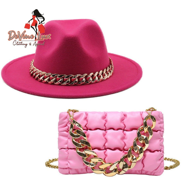 Devine Lux Fedora Hats Women Luxury Accessories Gold Chain Bag Hats Set Ladies Leather Bag Tote BELACAN Official Store