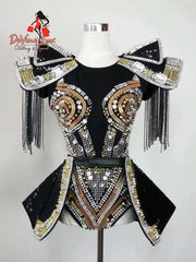 Devine Lux Custom Made Flashing Silver Black Sequins Rivets Fringes Big Shoulders Leotard Skirt Dancer Show Outfit Joyce Performance Costumes Store
