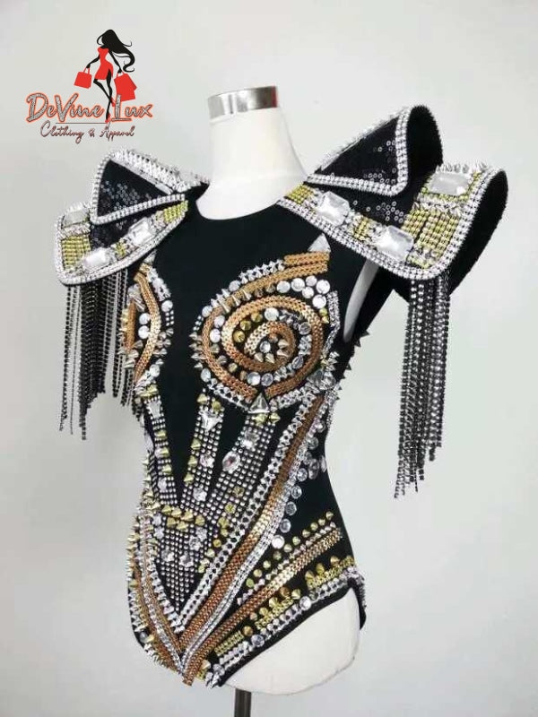 Devine Lux Custom Made Flashing Silver Black Sequins Rivets Fringes Big Shoulders Leotard Skirt Dancer Show Outfit Joyce Performance Costumes Store