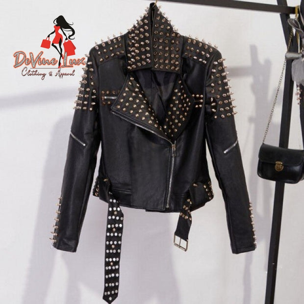 Devine Lux Jacket Women Punk Rivets Studded Motorcycle Spiked Faux Lea

     Size Chart        Size  Bust  FrontLength  Back length  Shoulder  Sleeve  Waist      S  84cm  47cm  51cm  37cm  58cm  80cm    Leather JacketsDeVine Lux Clothing & ApparelDevine Lux Jacket Women Punk Rivets Studded Motorcycle Spiked Faux Leather Jackets Streetwear