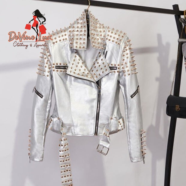Devine Lux Jacket Women Punk Rivets Studded Motorcycle Spiked Faux Lea

     Size Chart        Size  Bust  FrontLength  Back length  Shoulder  Sleeve  Waist      S  84cm  47cm  51cm  37cm  58cm  80cm    Leather JacketsDeVine Lux Clothing & ApparelDevine Lux Jacket Women Punk Rivets Studded Motorcycle Spiked Faux Leather Jackets Streetwear