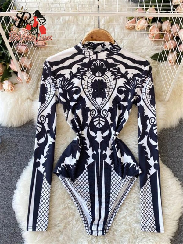 Devine Lux Singreiny Design Print Rompers Women Stand Collar Long Sleeve Slim Jumpsuits Stylish Apparel Store