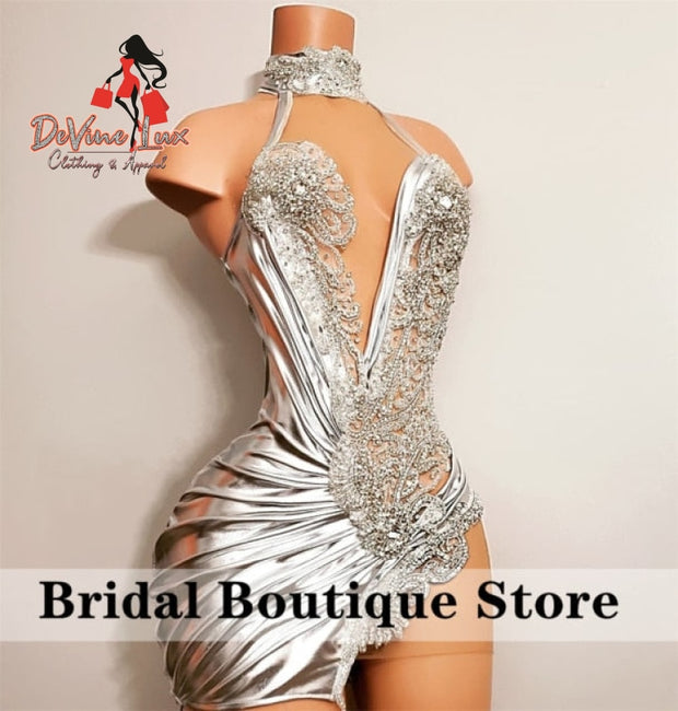 Devine Lux Sparkly Sexy Silver Grey Prom Dresses Halter Pleats Beading Mermaid Short Mini Cocktail Bridal Boutique Store