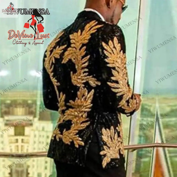 Devine Lux Sparkly Shinny Black Slim Fit Men Suits For Wedding Custom Made Gold Embroidery Notched Lape Jacket+Pants Grooms Marriage Blazer|Suits| yiwumensa Professional Men's Suit Store