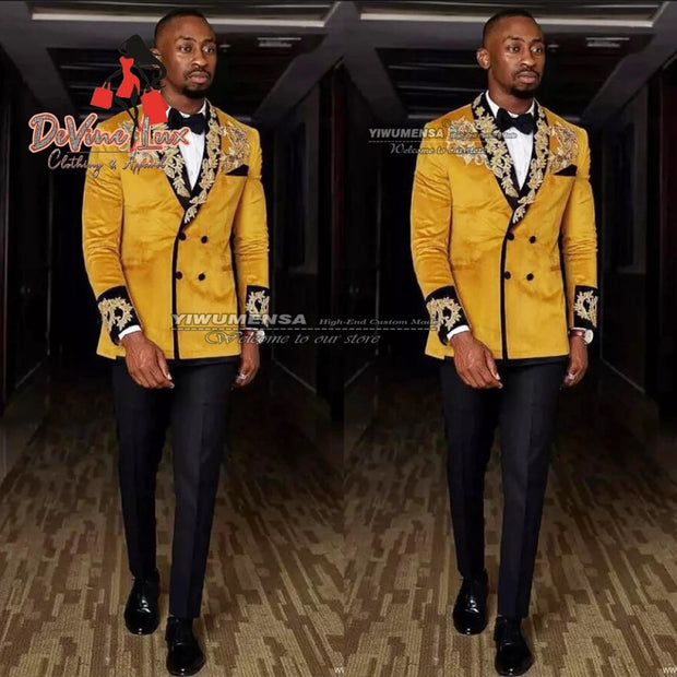 Devine Lux Wedding Tuxedo Gold Velvet Jacket With Appliques Blazer With Pants 2 Pieces Set Men Suit yiwumensa Professional Men's Suit Store