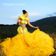Devine Lux Luxury Yellow Sweetheart Evening Gowns Feathers Neck Birthday Party Gown Beaded Crystal Formal Dress Ruffles Robe De Bal Aso Ebi - Evening Dresses STYLISH GOWNS Store