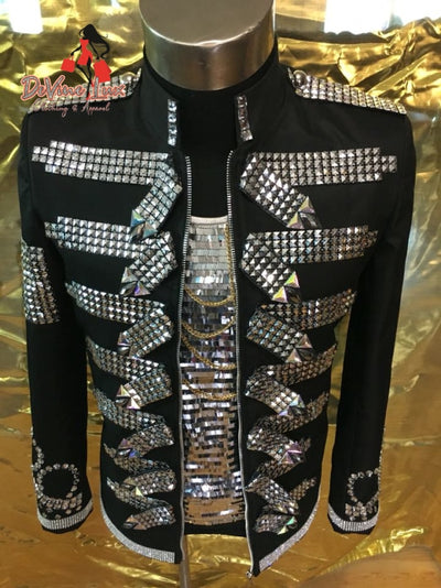 Men's Black Slim Sequins Nightclub Bar Outerwear Jacket Meihan Performance Costumes Store